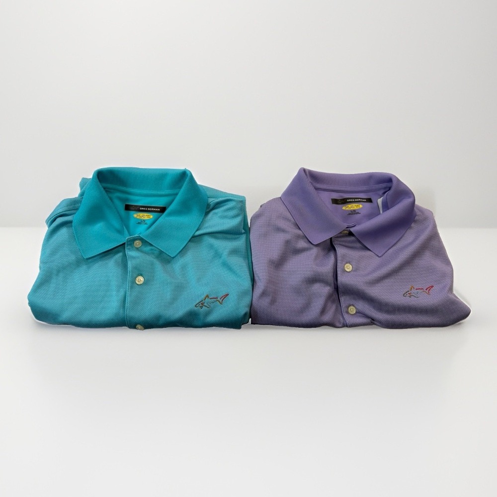 Greg Norman Shark Play Dry Polo Size L Set Of 2 Blue And Purple Golf Active